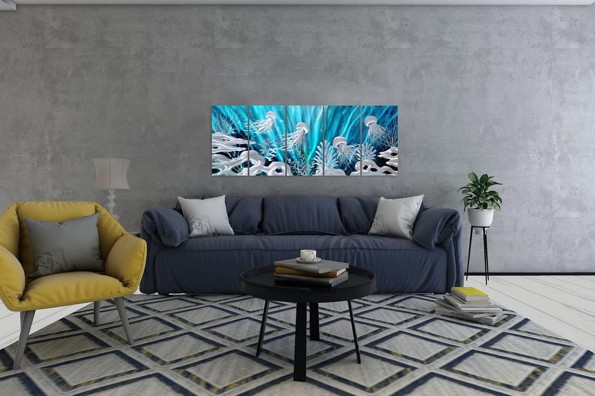 SYGALLERIER Jelly Fish Large Metal Wall Art Hand Grind Aluminum Artwork 3D Undersea World Coastal