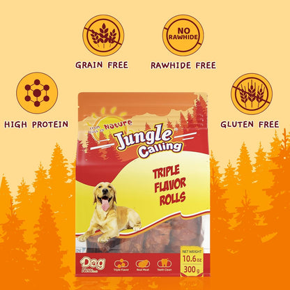 Jungle Calling Triple Flavor Rolls Dog Treats, Made with Real Chicken Duck Beef Meat, Rawhide Free