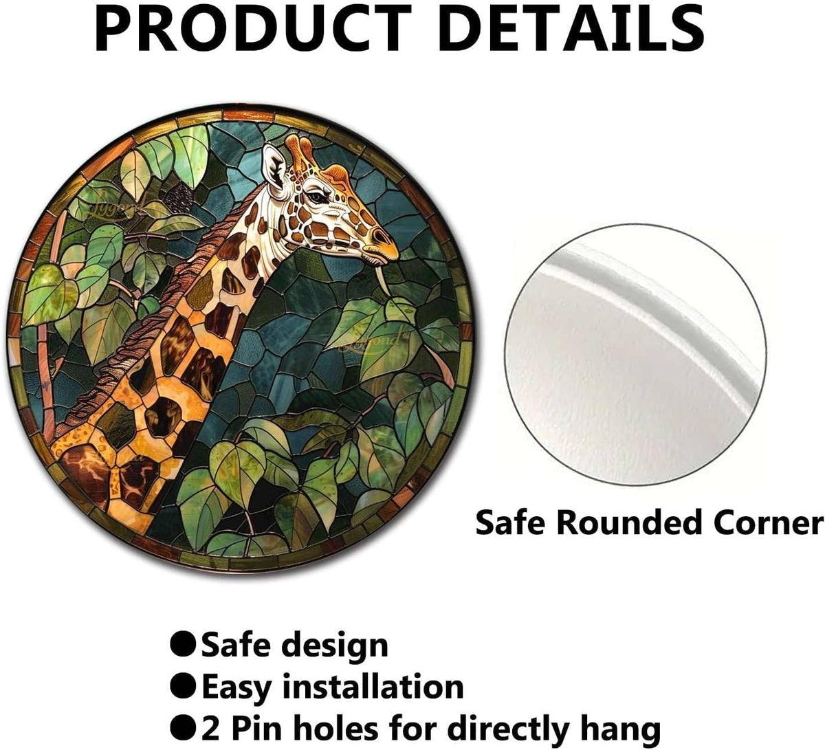 Lygond Metal Sign Tin Sign Circular Stained Glass Giraffe Funny Sign for Patio 12×12 Inches