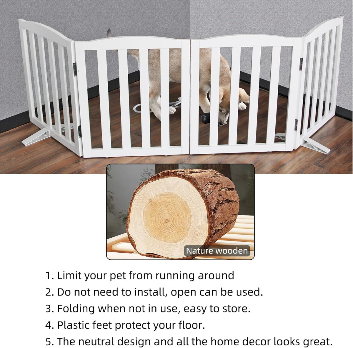 ZJSF Foldable Freestanding Indoor Dog Gate for House Wood White Long Pet Gates Dog Fence for Stairs