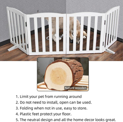 ZJSF Foldable Freestanding Indoor Dog Gate for House Wood White Long Pet Gates Dog Fence for Stairs
