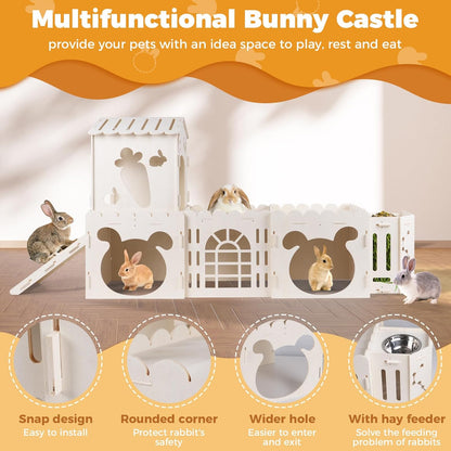 Extra Large Rabbit House, Wooden Bunny House Hideout with 4 Houses and Hay Feeder Indoor, Rabbit