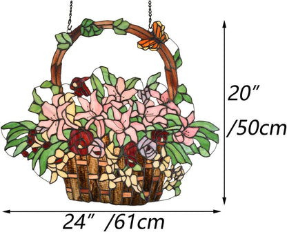 Bieye W10037 Lily and Rose Flower Gaily Decorated Basket Tiffany Style Stained Glass Window Panel