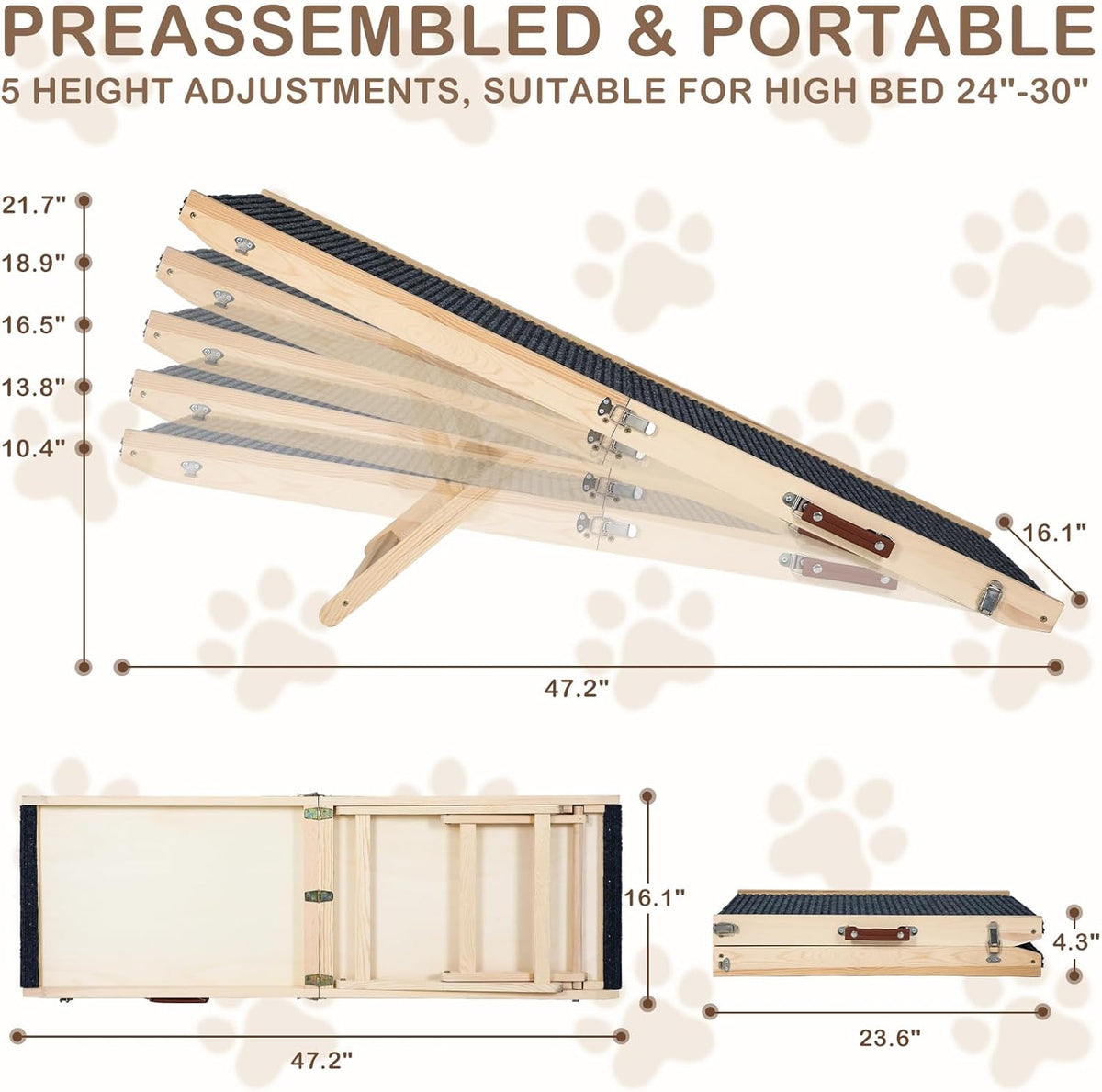 Folding Dog Ramp Safety for Bed, Wooden 5 Adjustable Height Pet Ramps, Potable Dog Steps with