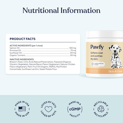Pawfy Skin & Coat with Salmon Oil - Dog Allergy Relief Chews | Advanced Licking Paws Comfort | Dog