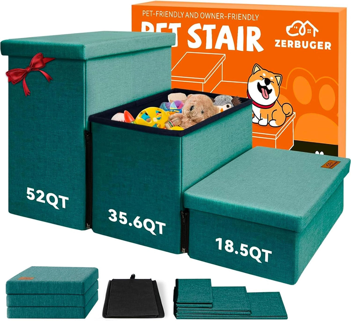 Dog Stairs with Storage 18" H, 3-Step Wider Dog Steps for Small/Medium/Large Old Dogs Cats, Folding
