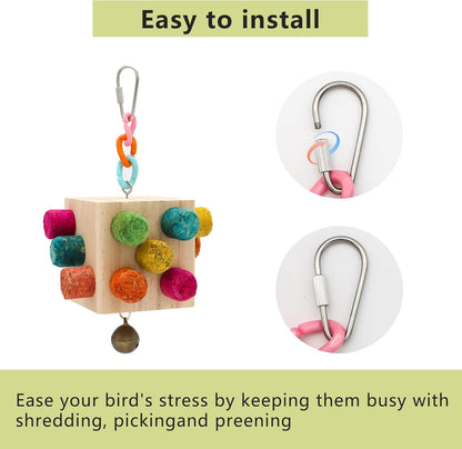 Square Bird Chew Toy, Parrot Cork Stopper Toys Bird Swing Bell Hanging Wooden Puzzle Foraging Toys