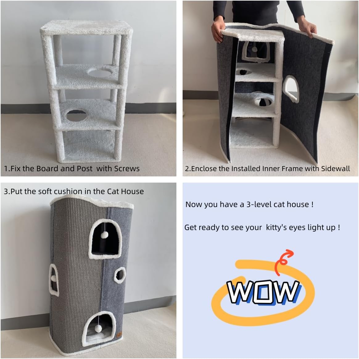 4-Level Cat House for Indoor Cats,Covered Cat Beds and Furniture with Scratch Pad,Hideaway Cave