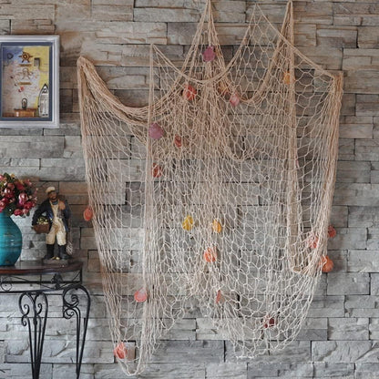 Nature Fish Net Wall Decoration with Shells, Ocean Themed Wall Hangings Fishing Net Party Decor for
