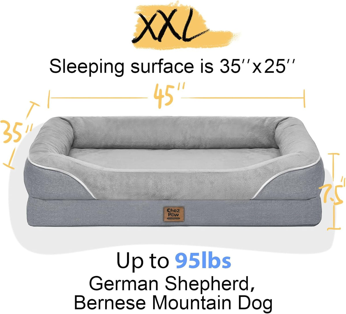 Washable Orthopedic Large Dog Bed - Extra Large Dog Beds with Bolsters Removable Orthopedic Foam