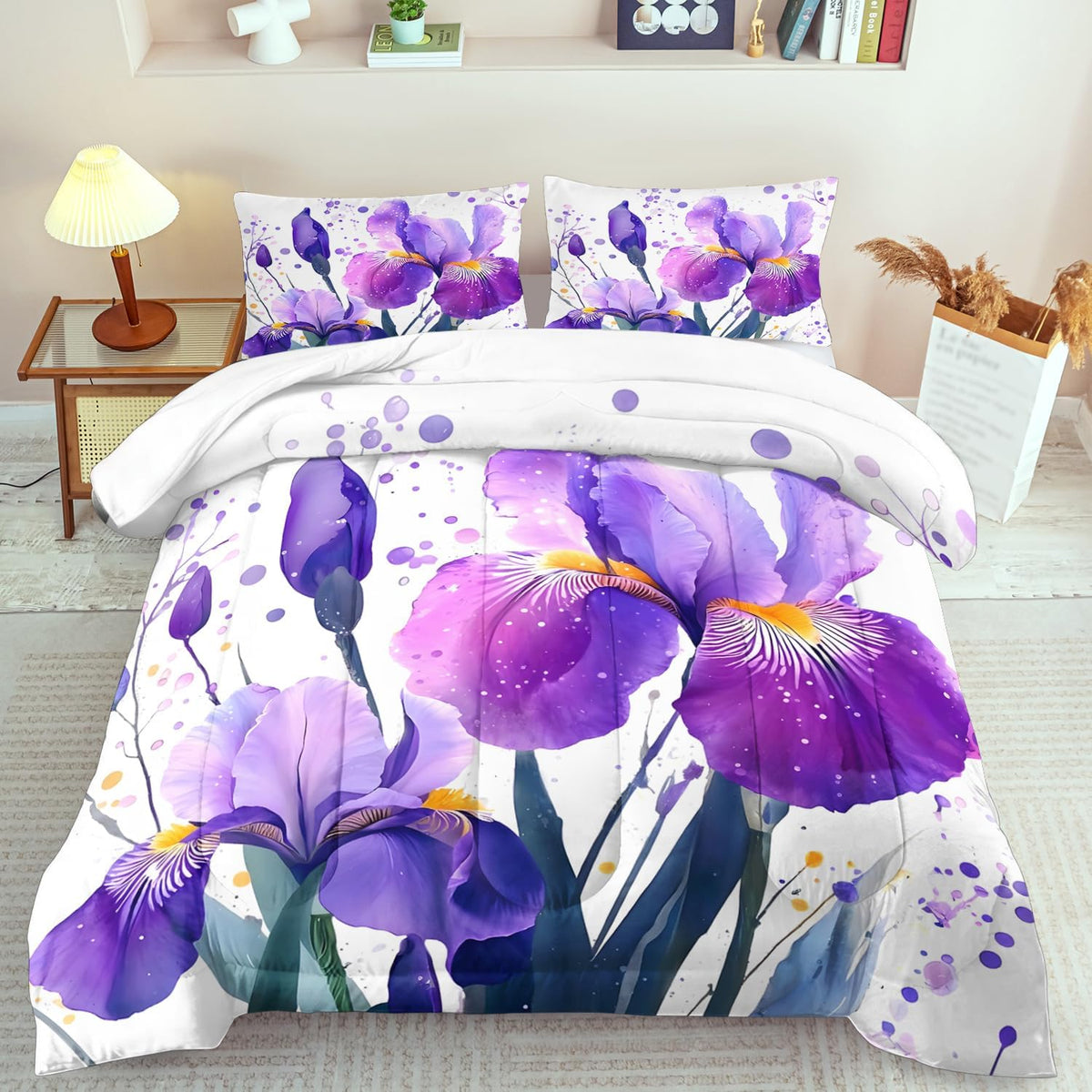 Purple Floral Comforter Set Full Size Woman,Purple Iris Comforter for Girls,Pink Flower Bedding Set