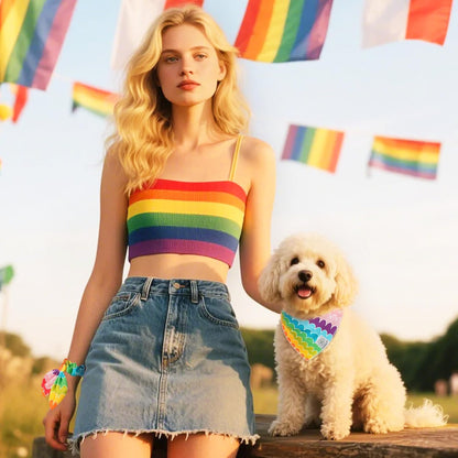 E-Clover Rainbow Dog Bandanas & Matching Scrunchie Set Girl Cute Pride Dog Scarf Bibs Pet Bandana