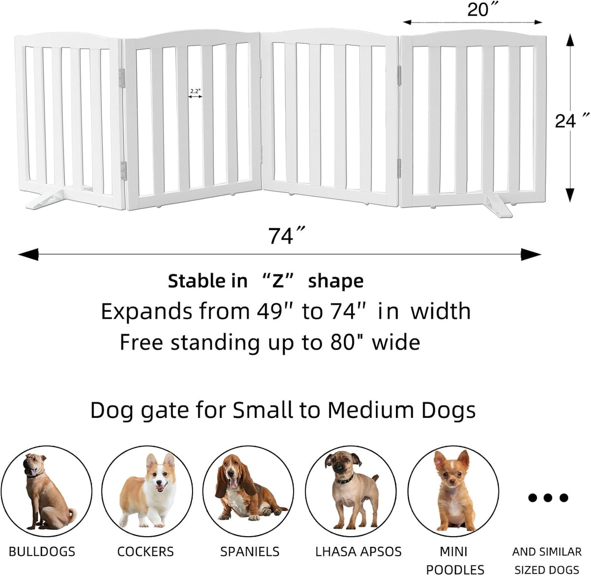 ZJSF Foldable Freestanding Indoor Dog Gate for House Wood White Long Pet Gates Dog Fence for Stairs