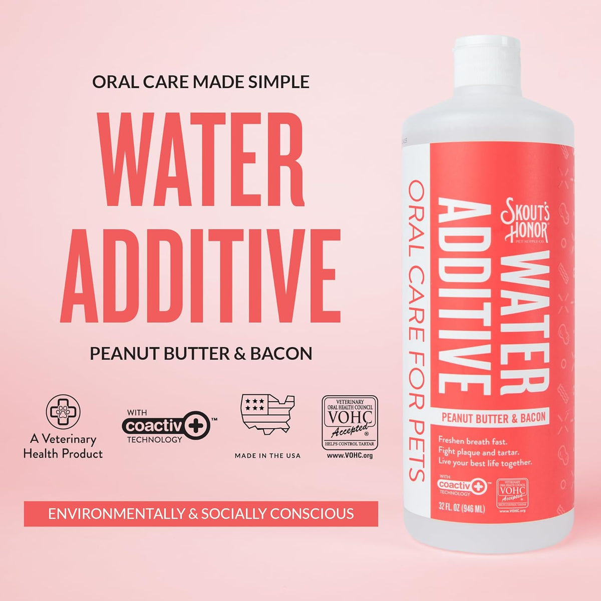 SKOUT'S HONOR Peanut Butter & Bacon Water Additive - VOHC Accepted for Tartar Control, Freshens