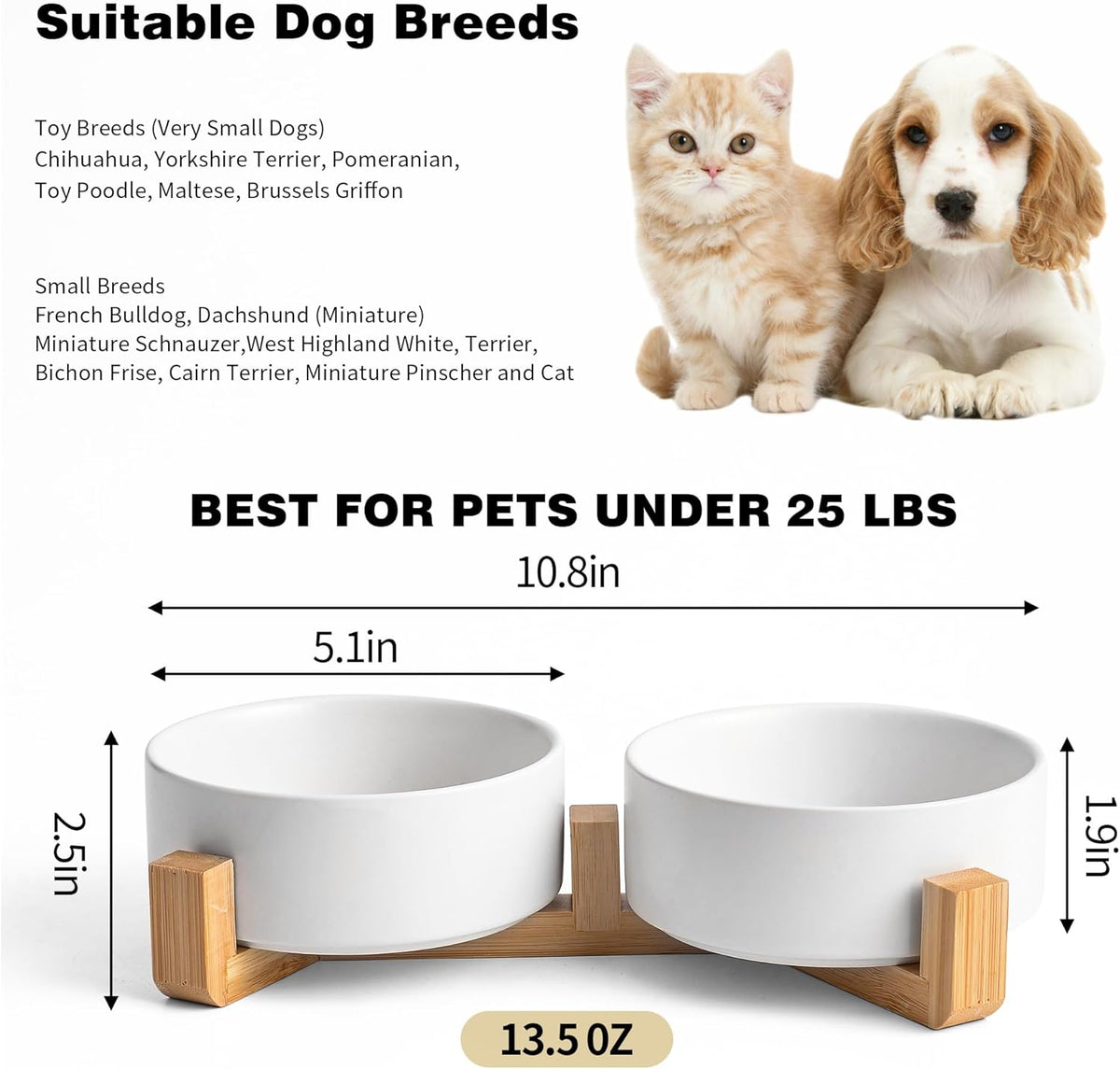 White Ceramic Dog & Cat Bowl Set – 13.5 OZ with Wooden Stand, Non-Slip, Elevated Design for Small