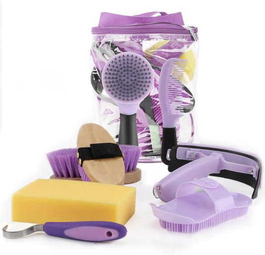 9 Pieces Grooming Kit with Tote Bag, Sweat Scraper, Sponge, Hoof Pick, Curry Comb for Horse Riders