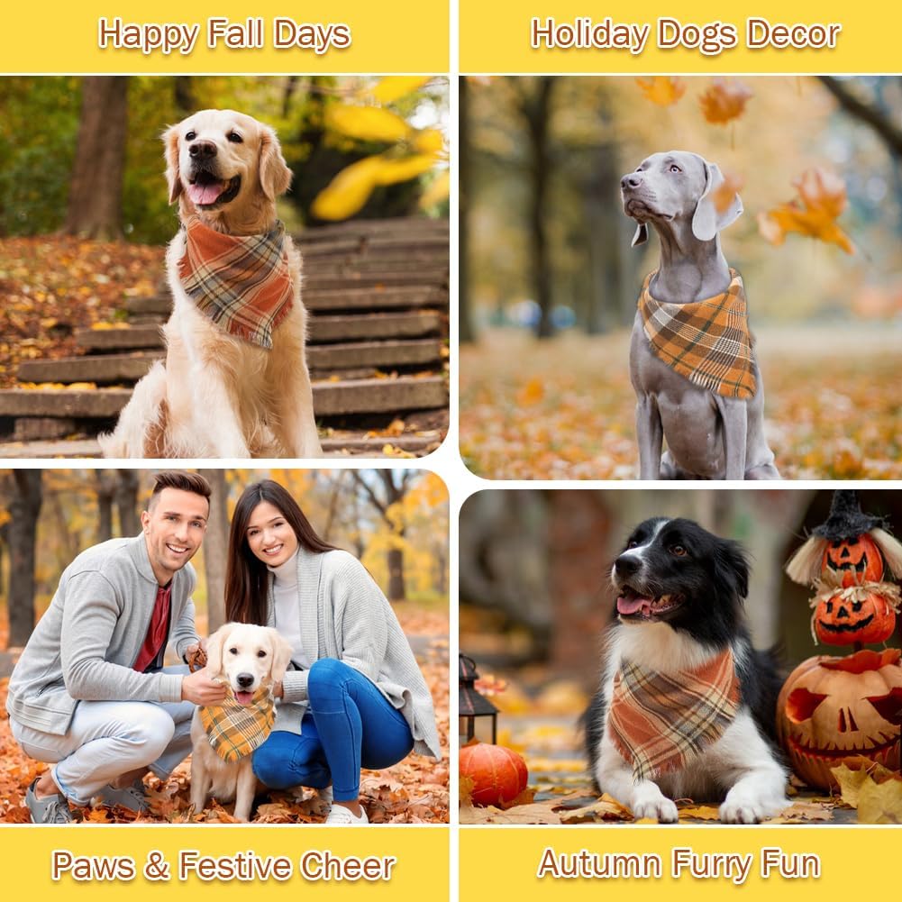 Vivifying Halloween Dog Bandana, 2 Pack Fall Thanksgiving Classic Plaid Dog Scarf with Tassels
