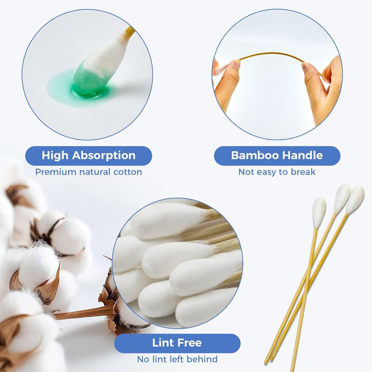 GOLD HONEY 6 Inch Large Cotton Swabs, 100PCS Dog Ear Swabs with Bamboo Handle for Dogs