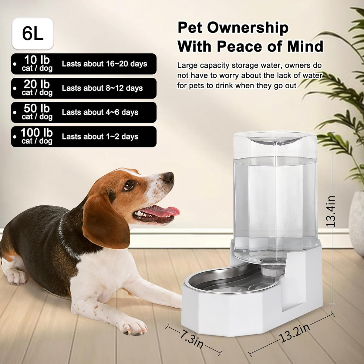 Sfozstra Dog Water Bowl Dispenser: 6L Large White Gravity Stainless Steel Bowl - Without Filter