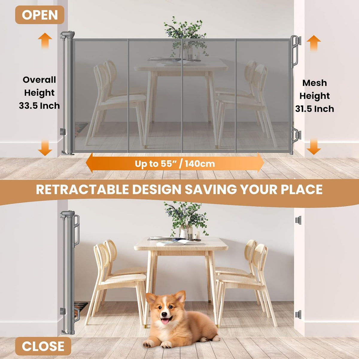 Reinforced Retractable Baby Gate, Mesh Dog Gate, Child Safety Gate for Doorways, Stairs, Hallways