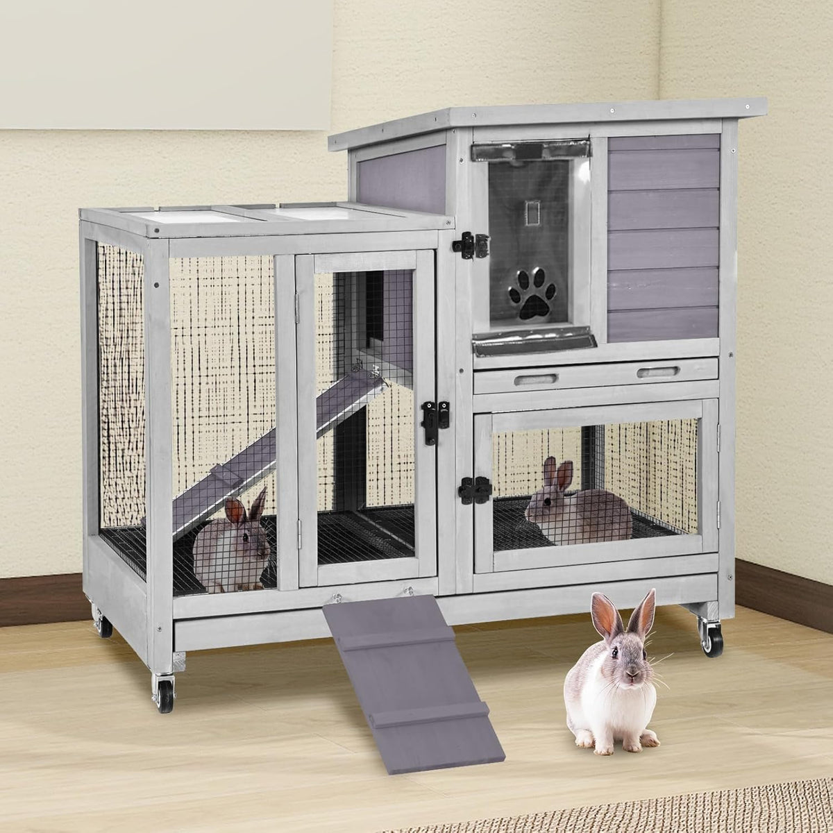 2-Story Rabbit Hutch Indoor Bunny Cage Outdoor Guinea Pig House with Wire Mesh Floor, Leak-Proof
