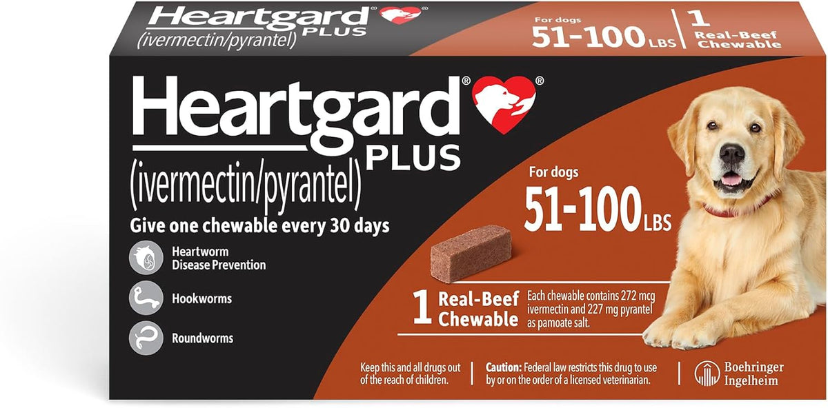HEARTGARD® Plus (ivermectin/pyrantel) Real-Beef Chewables for Dogs 51 -100 lbs (Brown Box) 1 Month