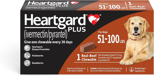 HEARTGARD® Plus (ivermectin/pyrantel) Real-Beef Chewables for Dogs 51 -100 lbs (Brown Box) 1 Month