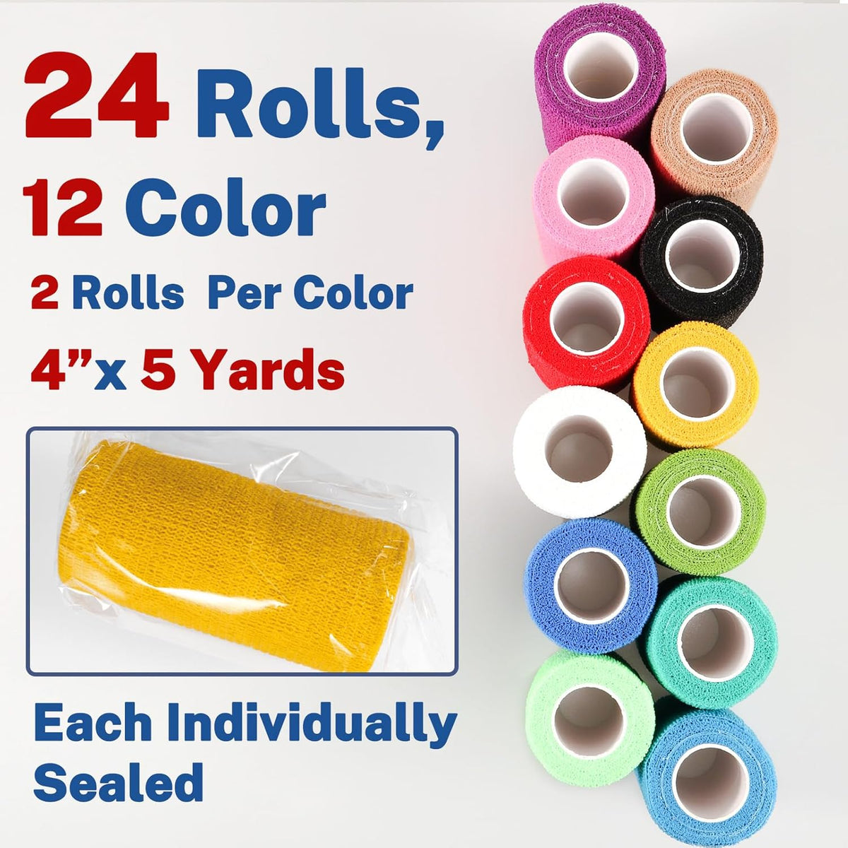 24 Pack Self Adhesive Bandage Wrap, 4” x 5 Yards Elastic Cohesive Bandage Wrap Self Adherent
