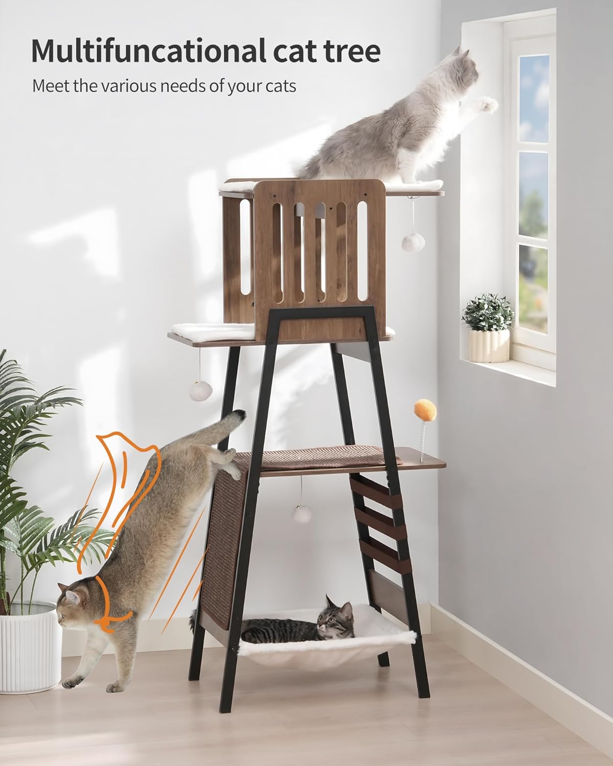 FourFurPets Modern Cat Tree, 58-Inch Cat Tower for Large Cats, Maine Coon Cat Tree with Scratching