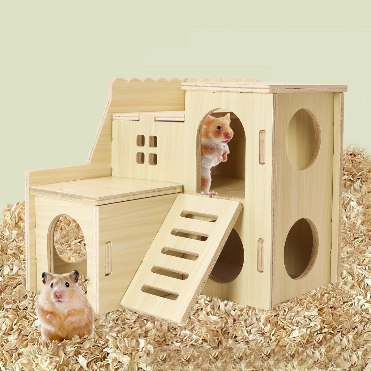 Tiny Hamster Maze Wood House with Slide House, Hamster Hideout Cage Accessories, for Dwarf Gerbils