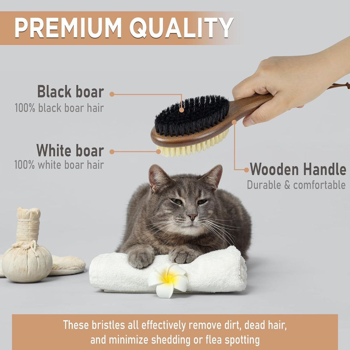 Takavu Double-Sided Boar Bristle Cat Brush - Natural Grooming Tool for Gentle Cleaning, Shine &