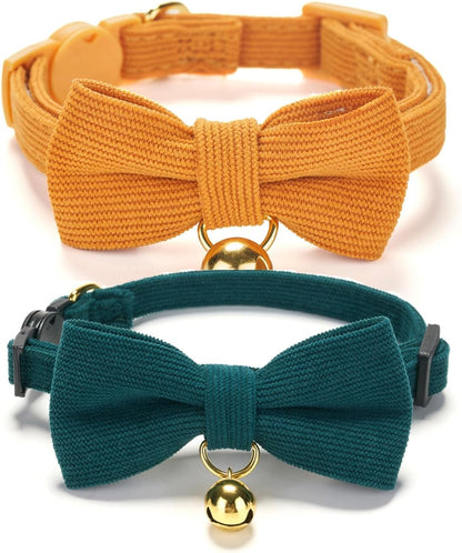 2 Pack Soft Corduroy Cat Collars with Bow Tie & Bell, Adjustable Breakaway Cotton Kitty Bowtie