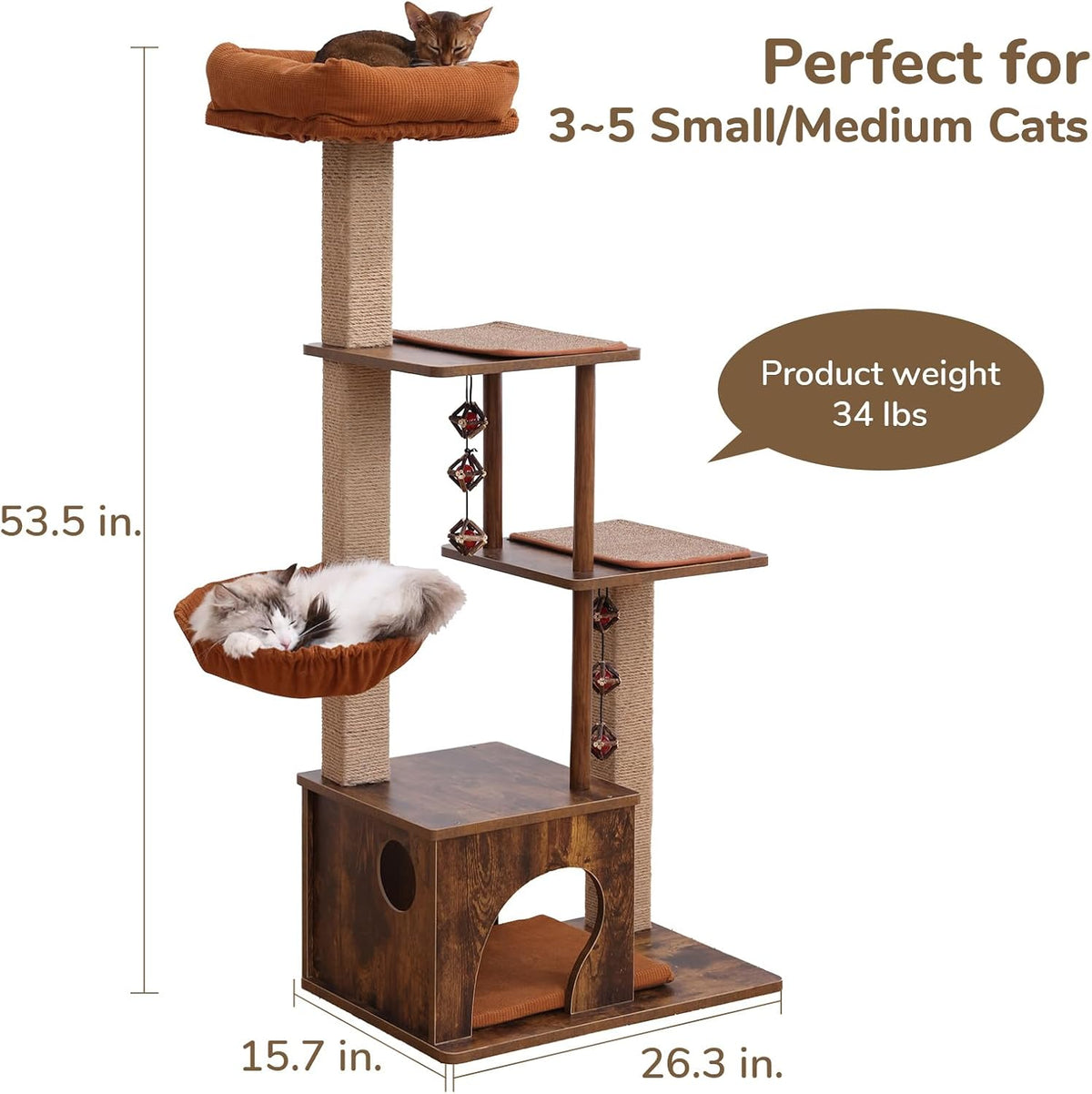FUKUMARU Cat Tree, 4 in 1 Large Modern Cats Tower with Jute Scratching Post and Hammock, Wood Cat
