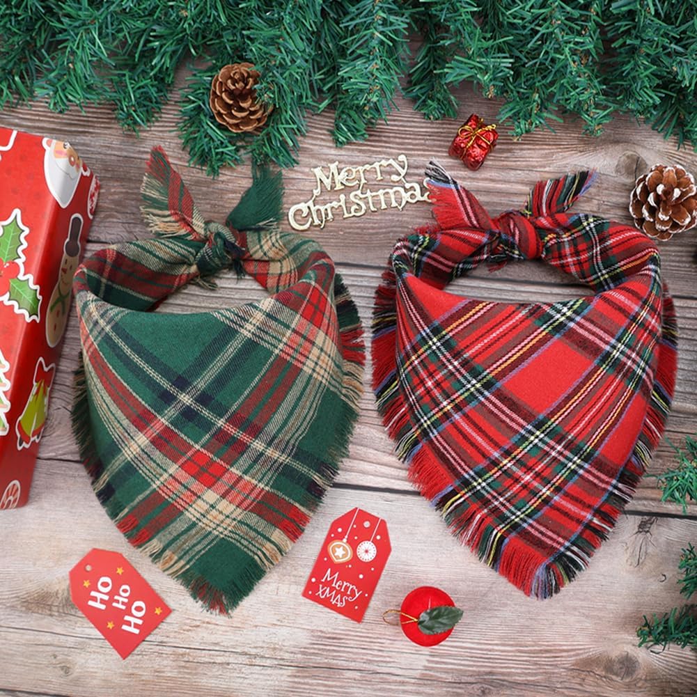 Vivifying Dog Christmas Bandana with Tassels Edges, 2 Pack Classic Plaid Triangle Dog Apparel &