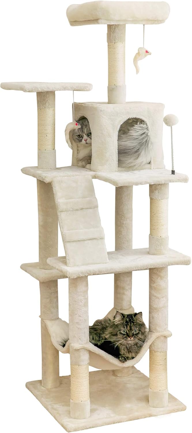 MWPO 63.8 inches Multi-Level Cat Tree for Large Cats with Sisal-Covered Scratching Posts, Padded