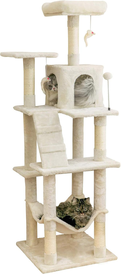 MWPO 63.8 inches Multi-Level Cat Tree for Large Cats with Sisal-Covered Scratching Posts, Padded