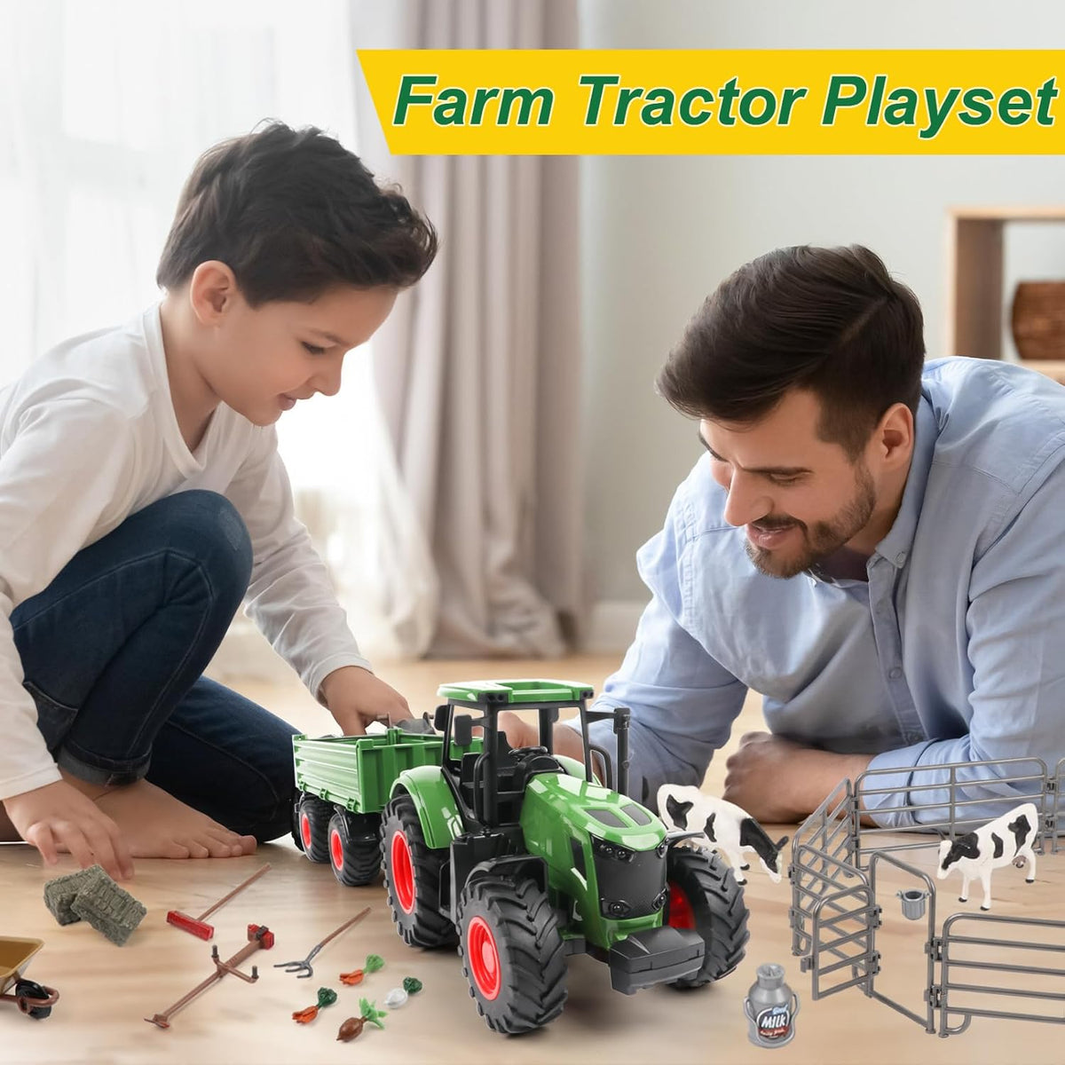 Farm Animal Tractor Toys Playset-16.5 Inches Tractor with Trailer Fence,Farmer,Tree,Cow,Farm Toy