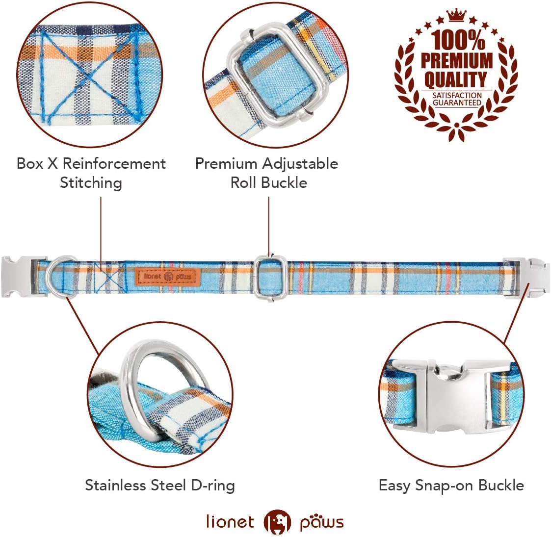 Lionet Paws Boy Dog Collar with Bowtie, Comfortable Adjustable Cute Blue Plaid Bow Tie Collar for