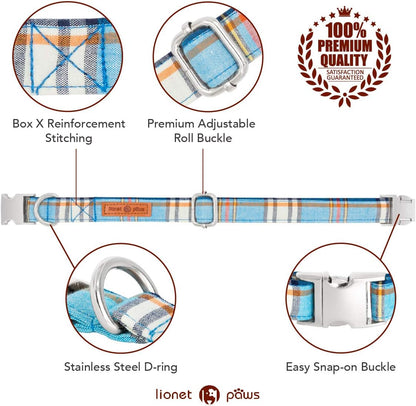 Lionet Paws Boy Dog Collar with Bowtie, Comfortable Adjustable Cute Blue Plaid Bow Tie Collar for