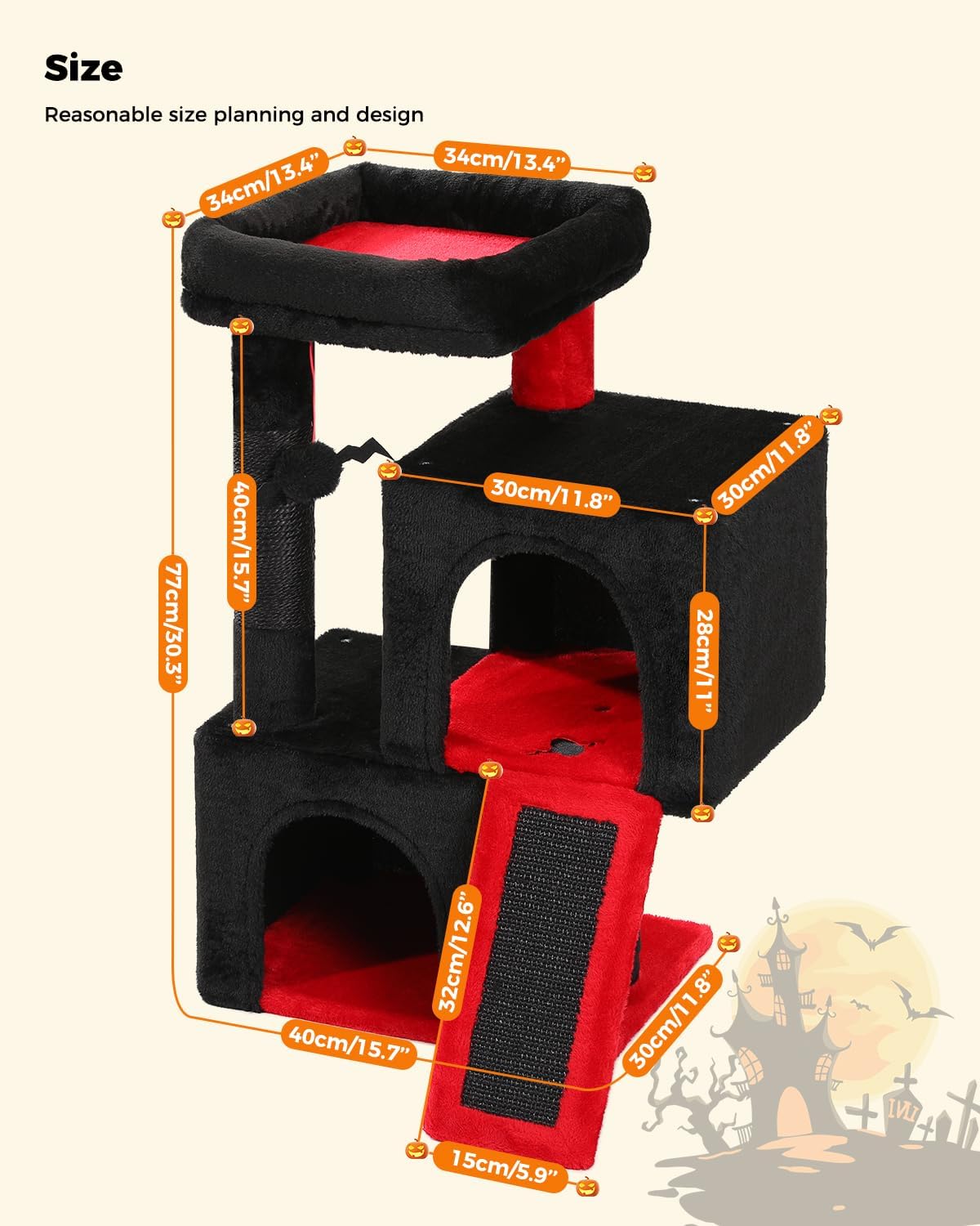 PAWZ Road Gothic Cat Tree, 30 Inches Black Cat Tower with Dual Condos for Indoor Cats, Spooky Cat