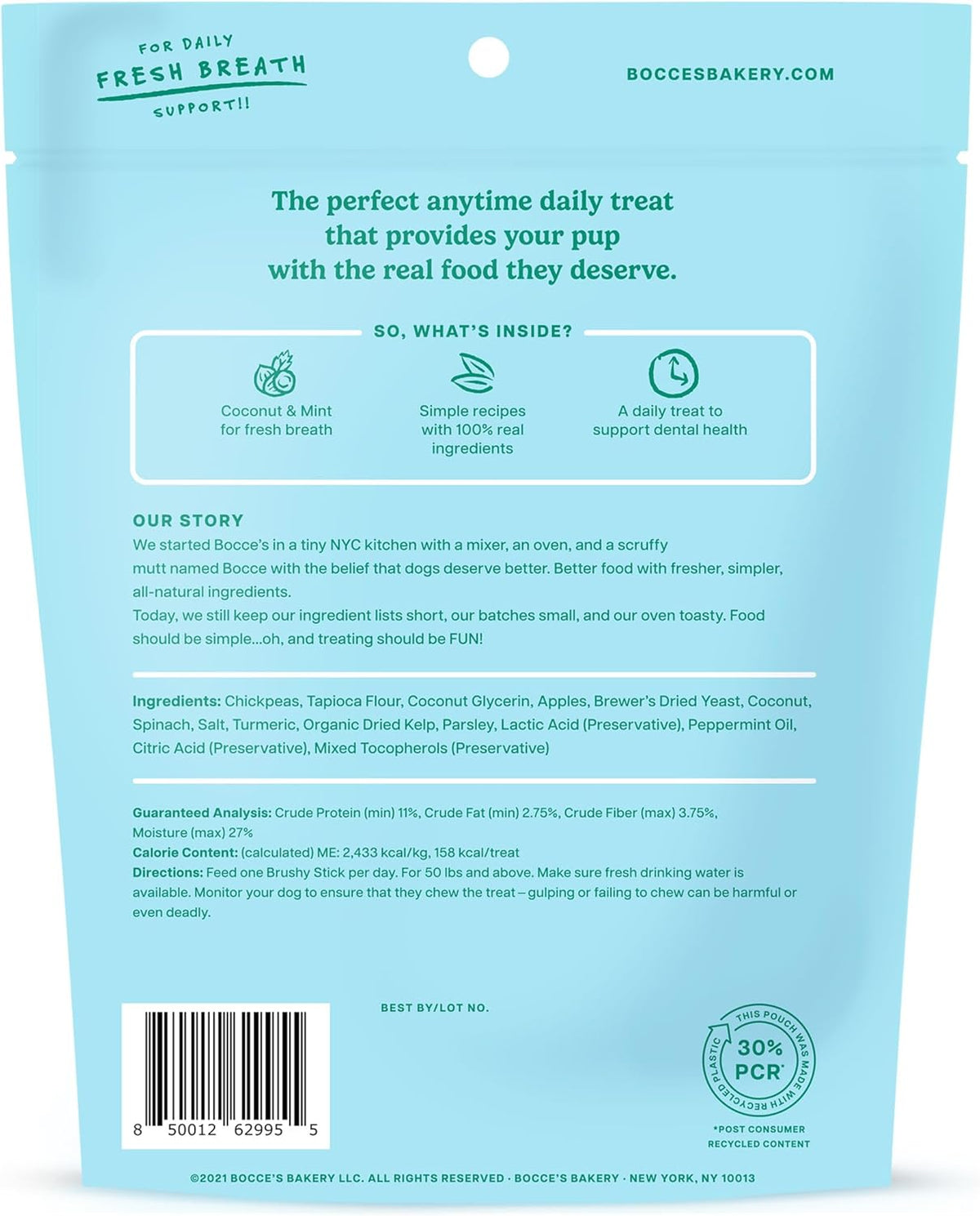 Bocce’s Bakery Dailies Brushy Sticks to Support Oral Health & Fresh Breath, Wheat-Free Dental Bars