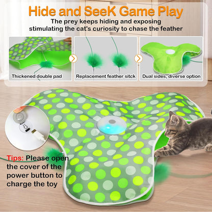 Interactive Cat Toys Rechargeable,Moving Concealed Feathers,Real Mouse Squeaky,Touch Activated Cat