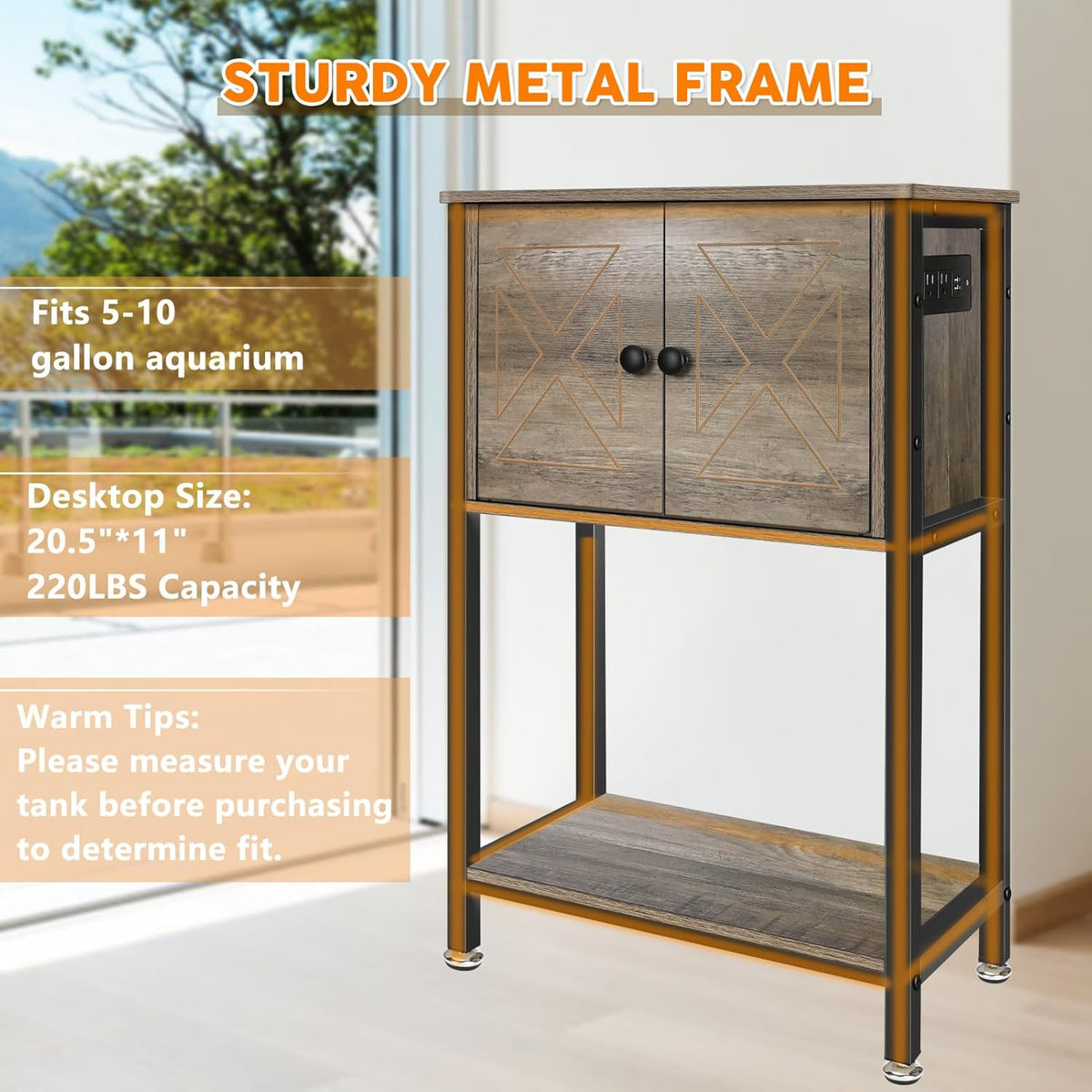 5-10 Gallon Fish Tank Stand, Heavy Duty Aquarium Stand with Cabinet & Power Outlets for Fish Tank
