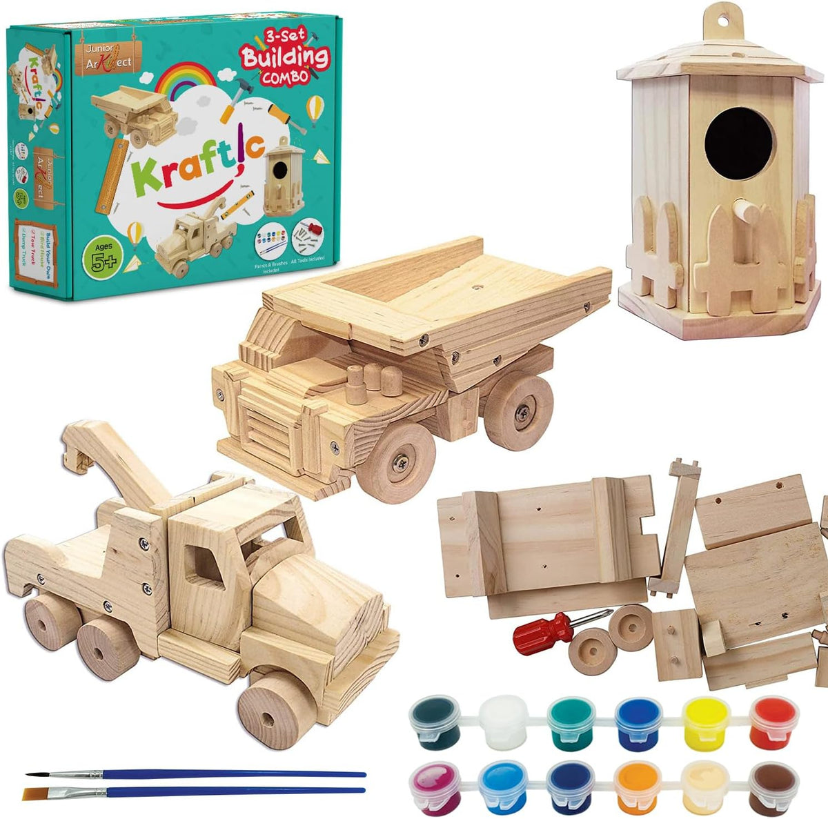 Kraftic Woodworking Building Kit for Kids and Adults, with 3 Educational DIY Carpentry Construction