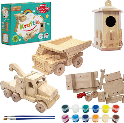 Kraftic Woodworking Building Kit for Kids and Adults, with 3 Educational DIY Carpentry Construction
