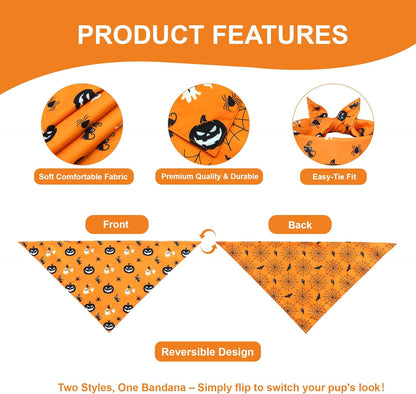 Halloween Dog Bandana for X-Large Dogs - Reversible Orange Jack-o-Lantern & Spiderweb Print Scarf