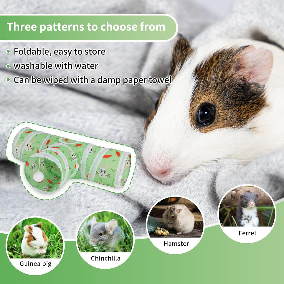 Rypet Guinea Pig Tunnel 3 Way Collapsible Small Pet Tunnels and Tubes with Interactive Ball for