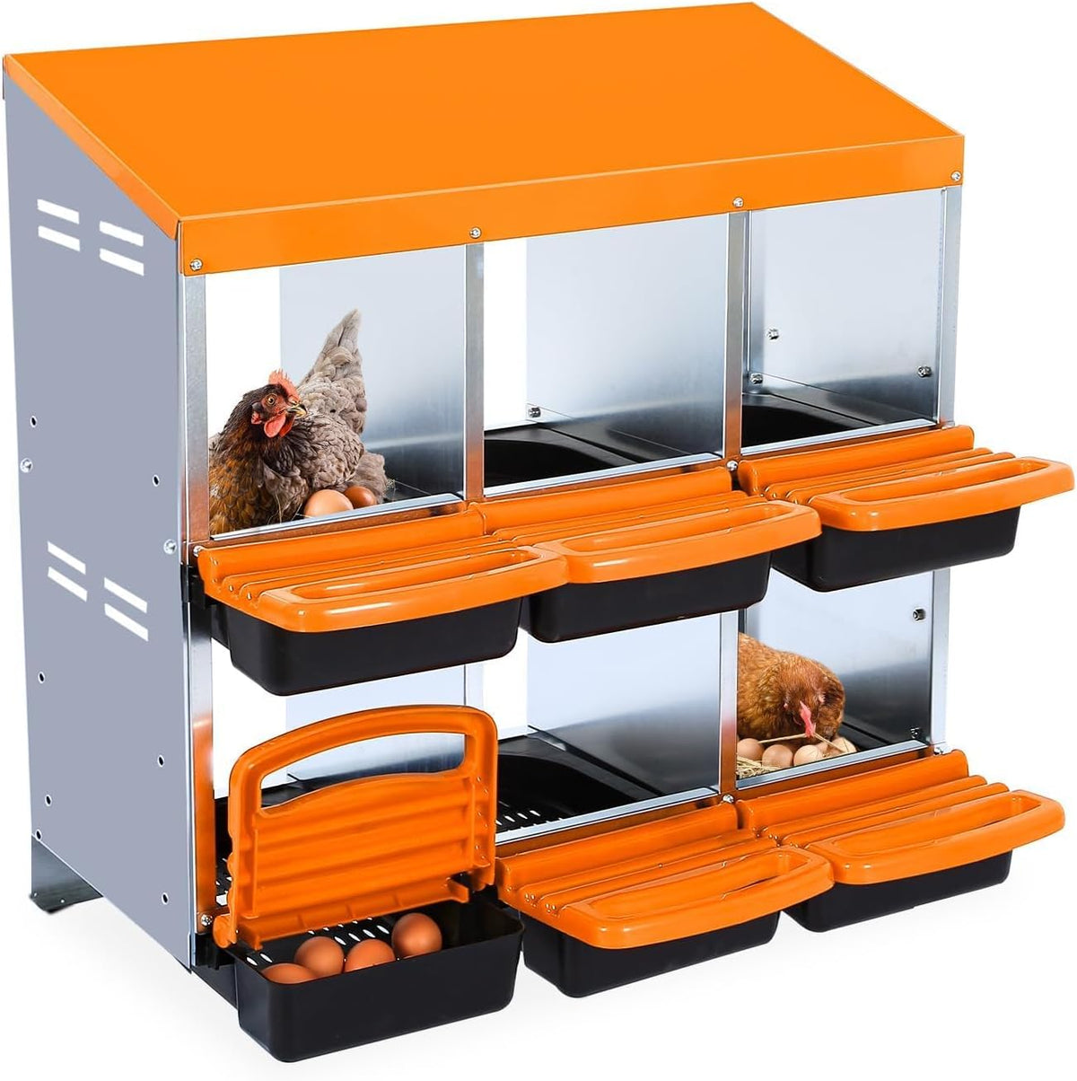 Chicken Nesting Boxes, 6 Hole Metal Chicken Laying Box with with Removable Trays and Roll Out Egg