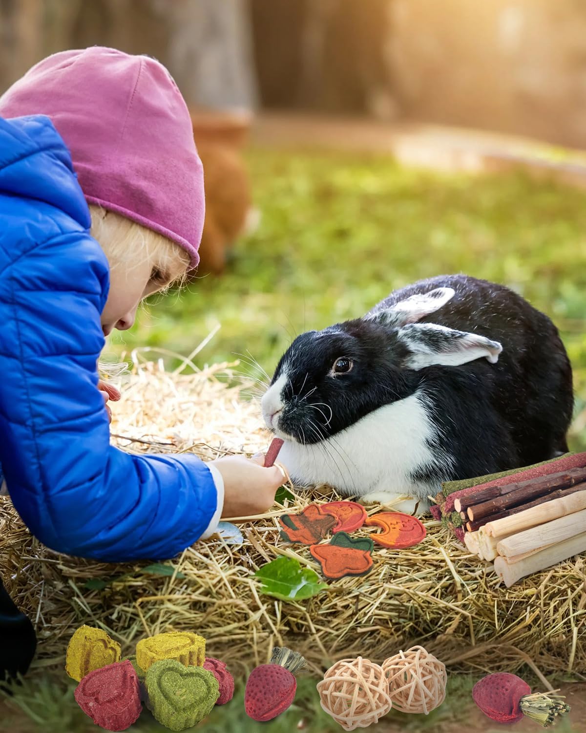 ERKOON 33PCS Bunny Chew Toys for Rabbits Teeth, Natural Rabbit Toys Apple Wood Sticks, Carrot