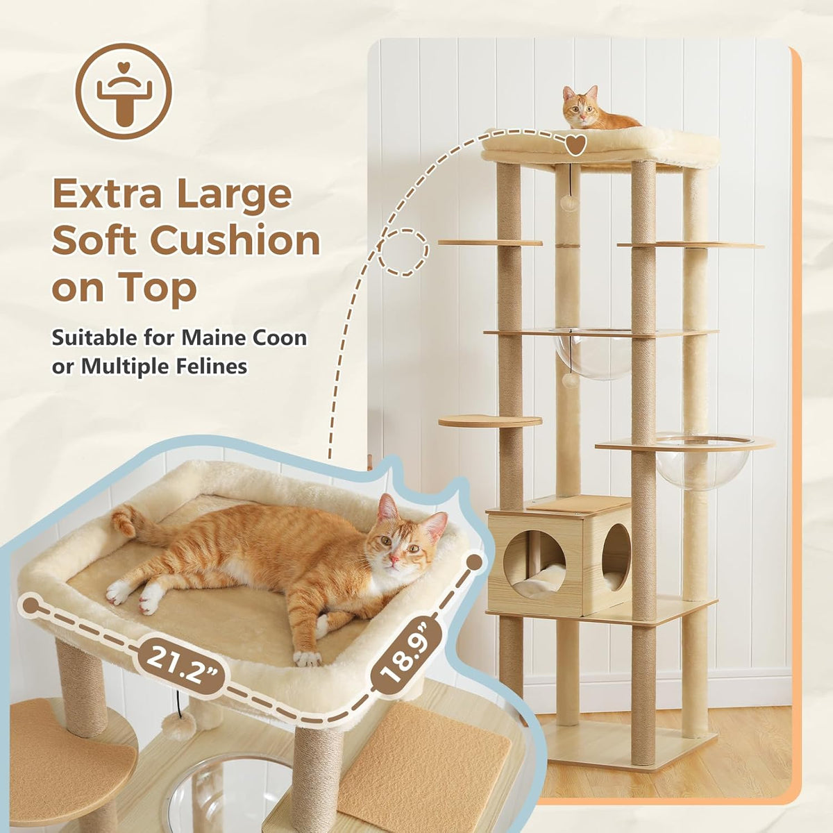 PEQULTI 71'' Cat Tree, Tall Wood Cat Tower for Indoor Cats with 2 Acrylic Cat Hammock, Multi-Level